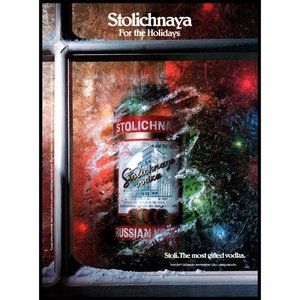 1987 Stolichnaya Russian Vodka Vintage Print Ad Christmas Tree Lights Frosty